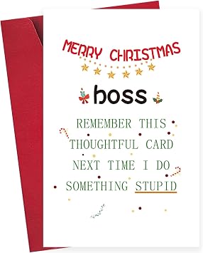 Merry Christmas Card for Boss, Happy Boss Christmas Cards Gift for Men Women, Funny Xmas Card for Bosses from Group, Next Time I Do Something Stupid