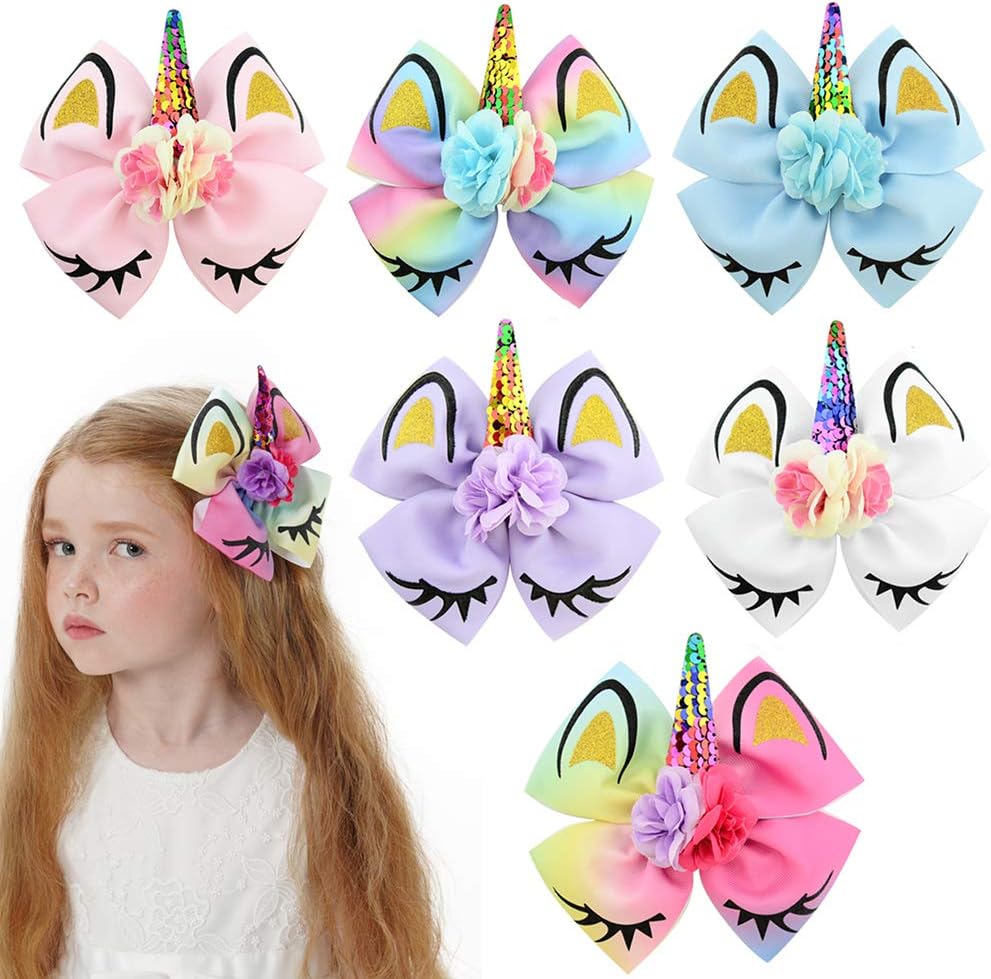Jollybows Girls Unicorn Hair Bows with Alligator Hair Clips Cheer Bows Hair Accessories for Kids Toddlers 6 Packs