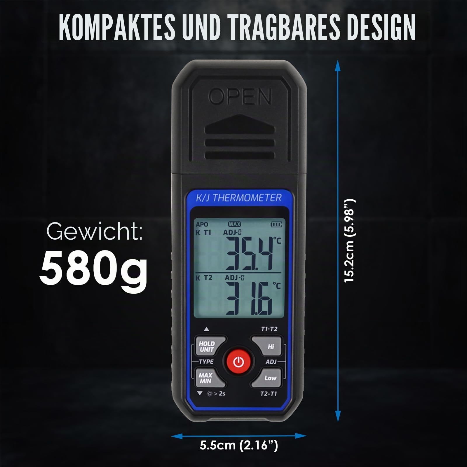 Dual-Channel K/J-Thermoelement-Thermometer mit 4 K-Type-Sensoren – Temperaturmessgerät mit Alarmfunktion & Kompensation (Max/Min/Hold) – Präzises Digitalthermometer für Industrie, Küche, Labor