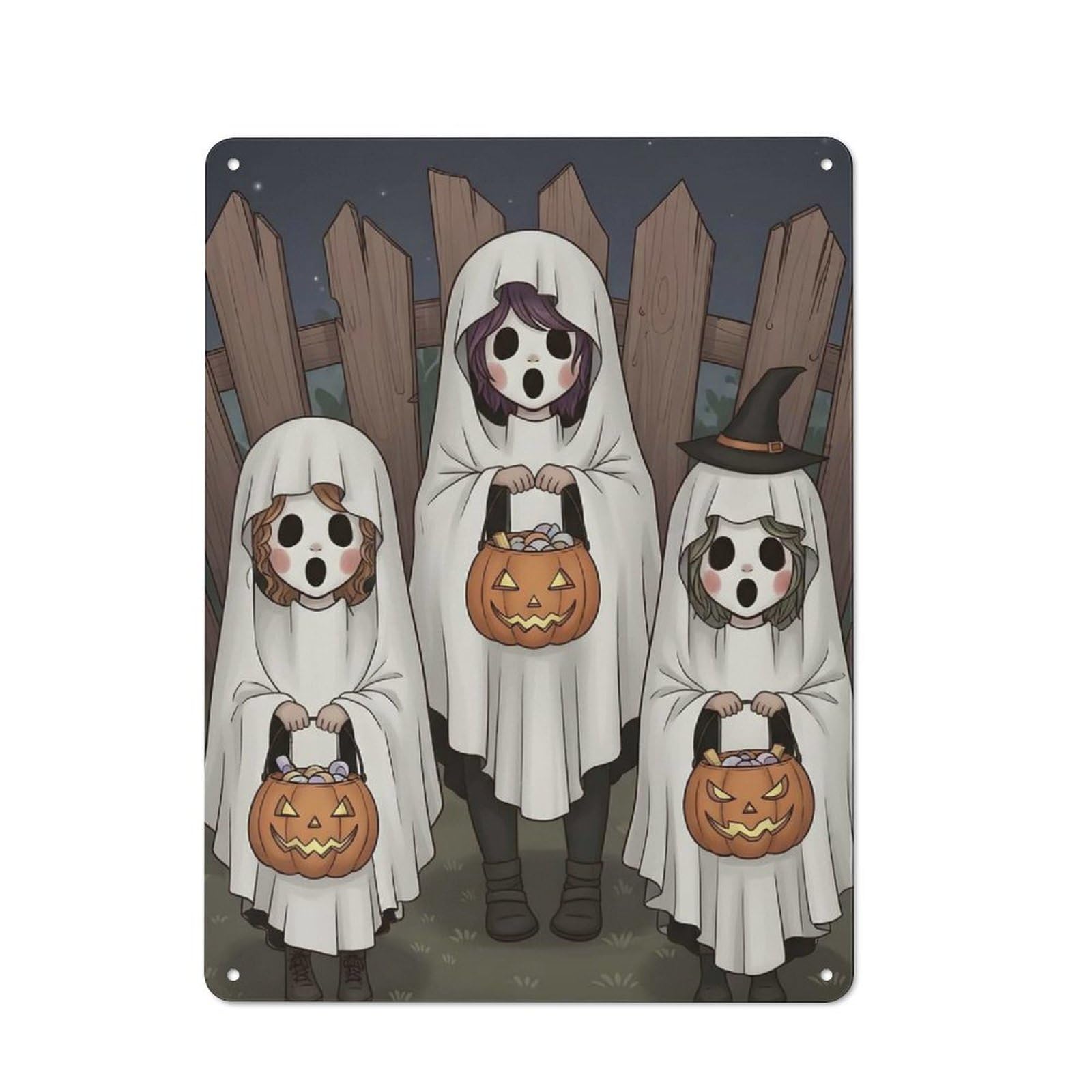 Junmoney Halloween Ghosts Trick-Or-Treating Rustic Metal Sign 40X30cm For Lounge Or Reading Corner, For Reading Corner Decorators