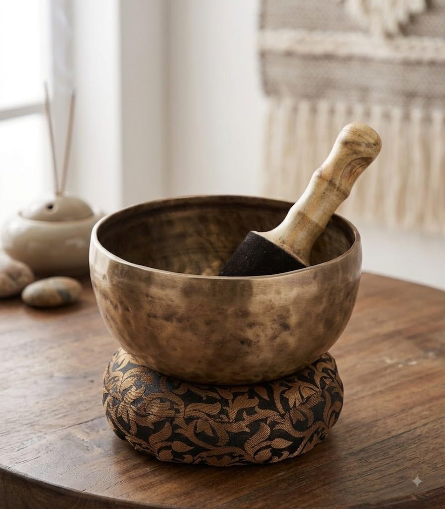 Hammered Brass Tibetan Singing Bowl with Mallet Striker, Brown