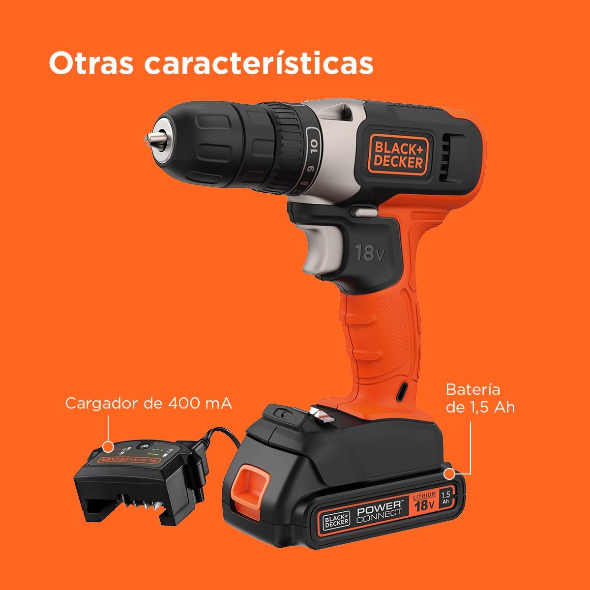 BLACK+DECKER Atornillador sin cable 18V, 37Nm par máximo, 10 posiciones de embrague, luz de trabajo LED, batería de 1,5Ah y cargador, BCD001C1-QW