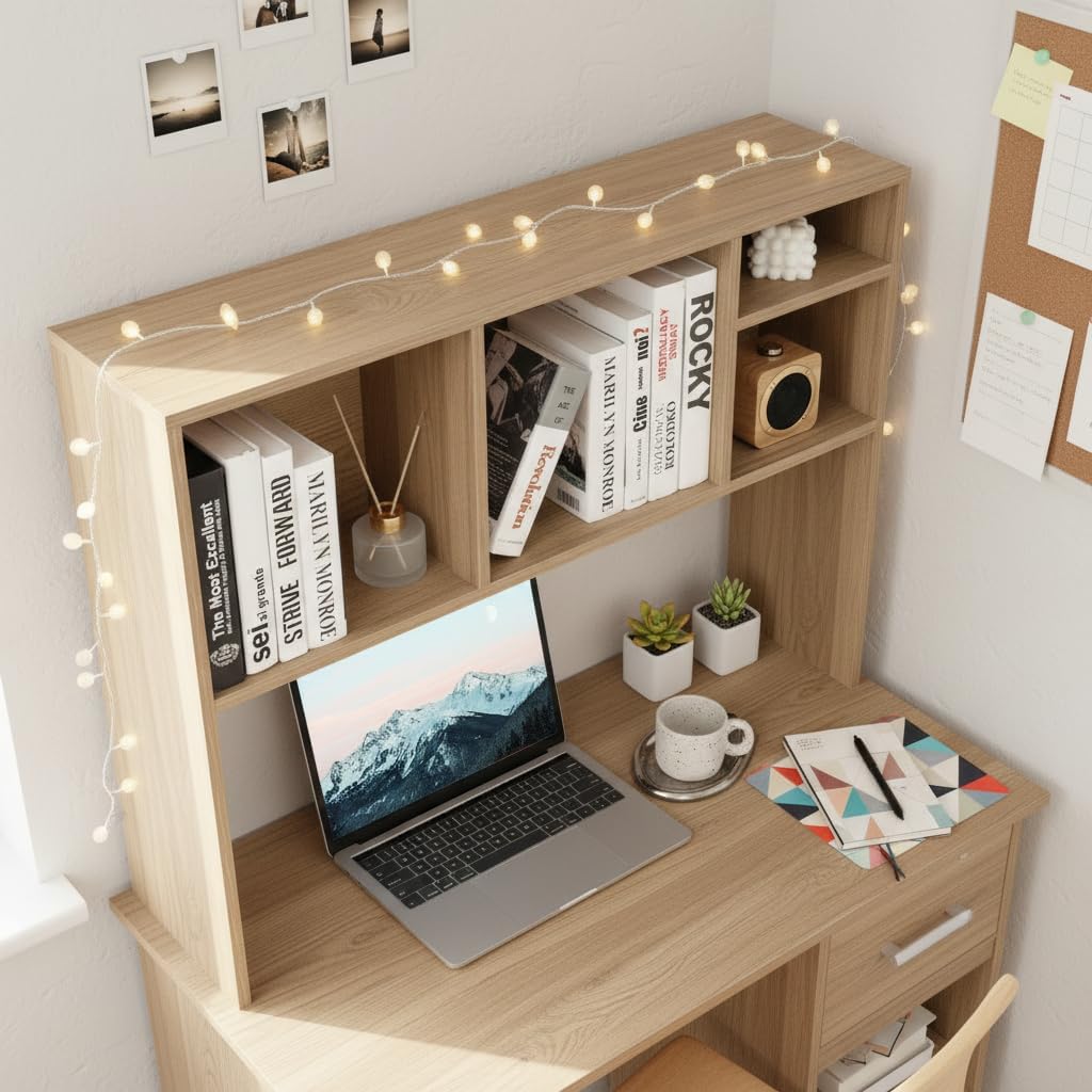 Tangkula Desktop Bookshelf, Countertop Storage Hutch with 4 Shelves for Computer Desk, Desktop 2-Tier Display Rack, Multipurpose Wood Desktop Hutch Storage Organizer for Dorm Office