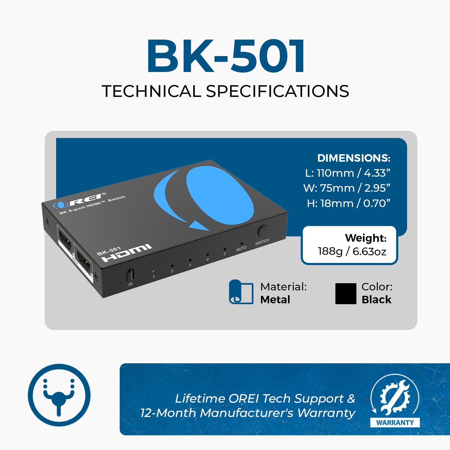 OREI Switch HDMI 8K 5 in 1 Out - Interruttore HDMI con telecomando 8K @60Hz 4:2:0/4K @120Hz 4:4:4-48Gbps Switcher con HDR10+, VRR, ALLM & QFT, CEC - per PS5, Xbox, Roku, Fire TV