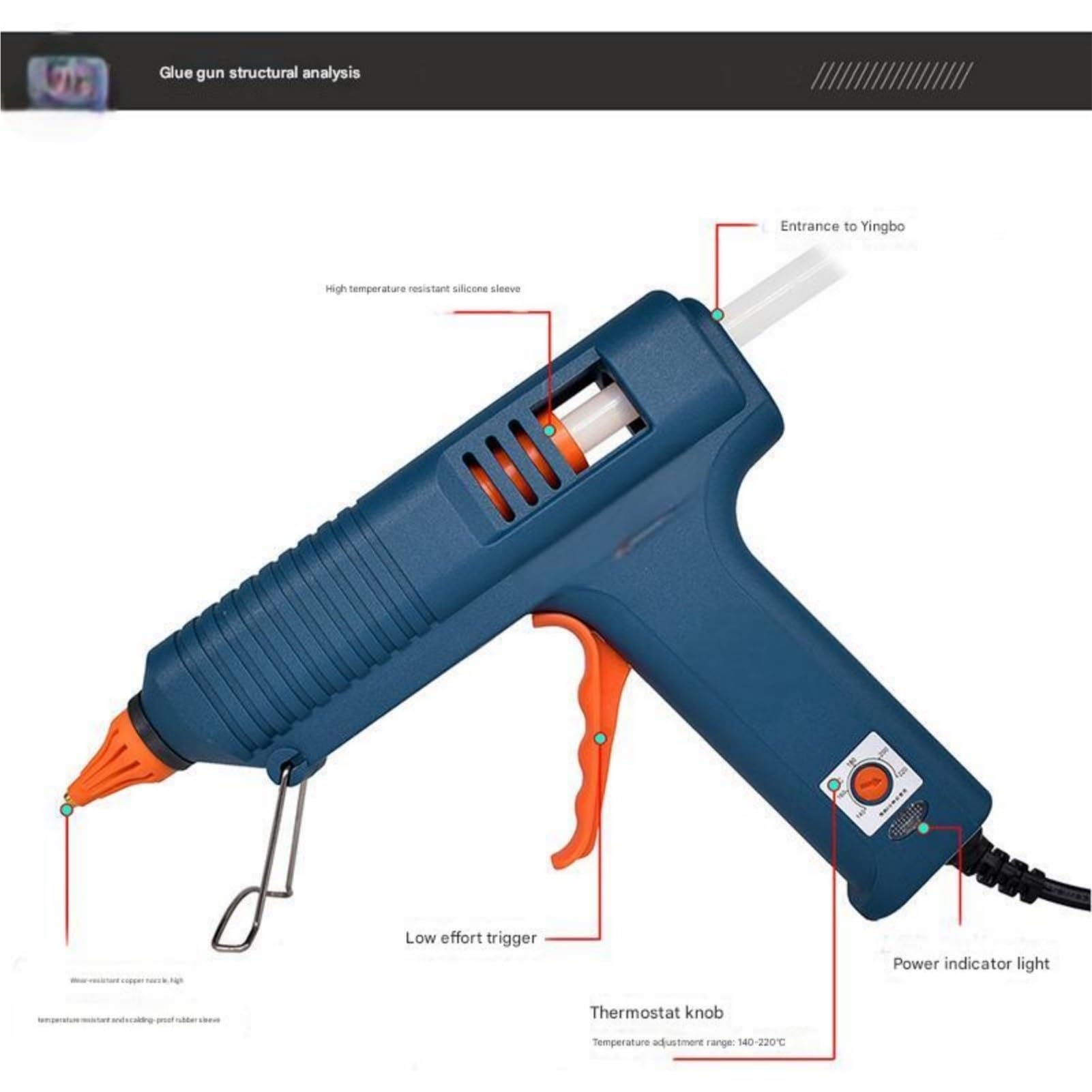Pistola de silicona 150 W con ajuste temperatura y barras pegamento 11 mm, boquilla cobre puro for bricolaje pistola de pegamento caliente