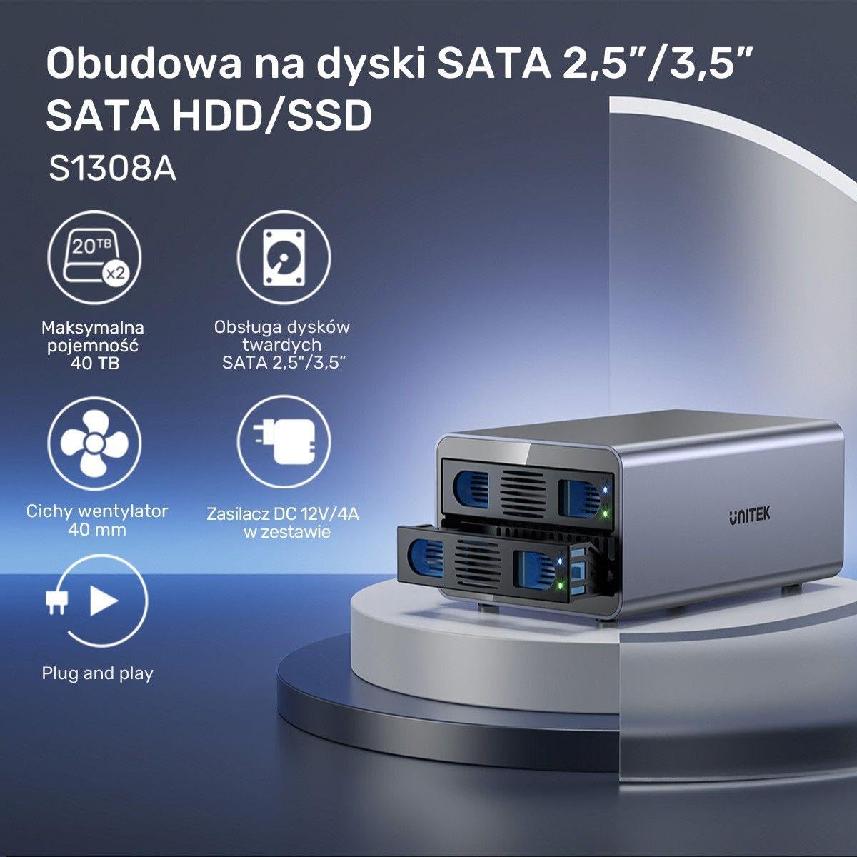 Obudowa dysku Unitek S1308A01-EU SATA 2,5/3,5" Dwie kieszenie do 40 TB