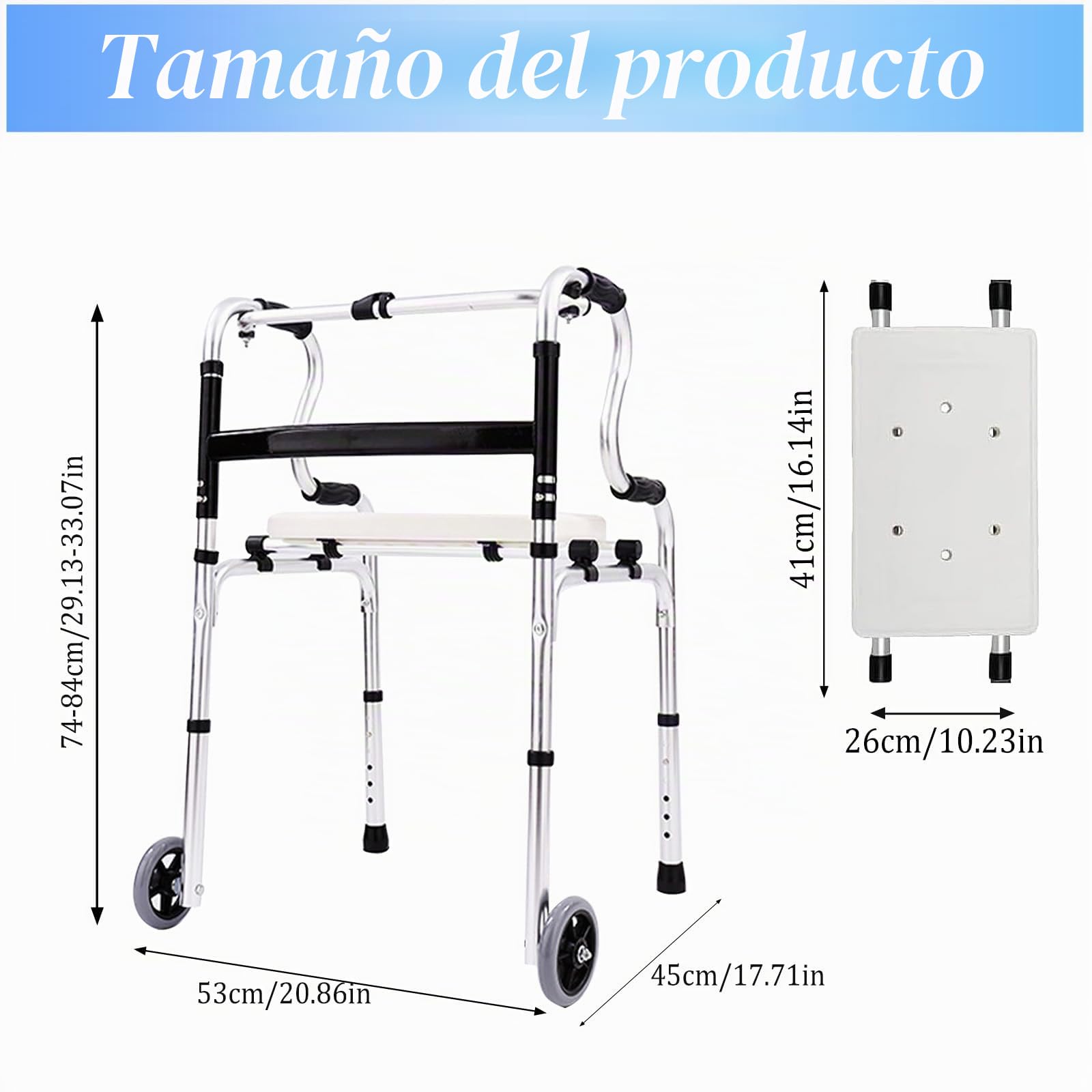Andador para personas mayores, andador de aluminio regulable en altura con 2 ruedas giratorias, andadores plegables portátiles, andador con 6 posiciones de altura y asiento desmontable, hasta 150 kg