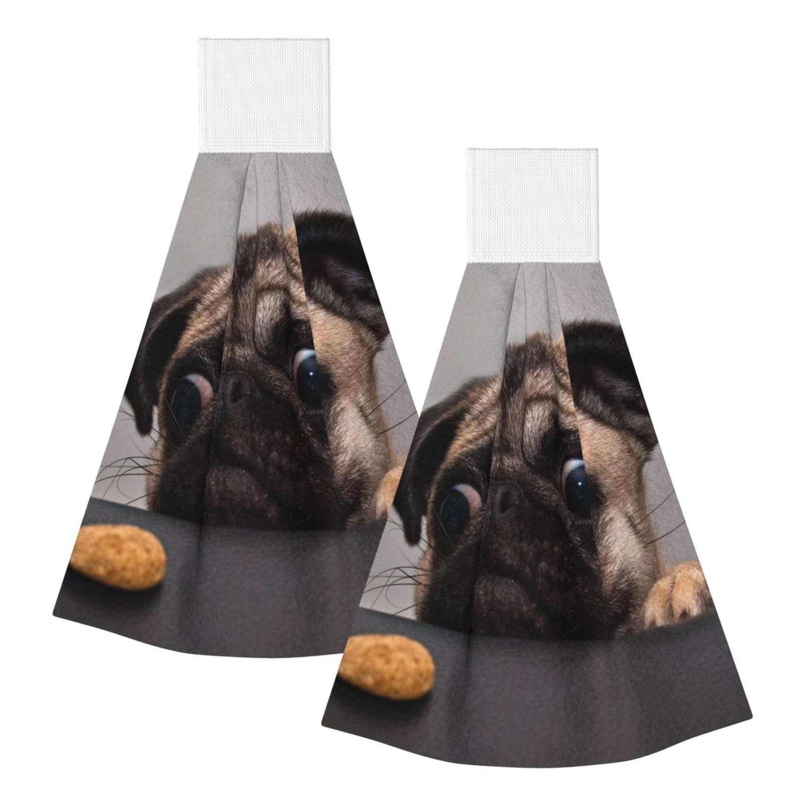 DOPKLNA Funny Greedy Dog Pug, 2 Pcs Hanging Coral Fiber Hand Towels for Bathroom, Absorbent Kitchen Towels