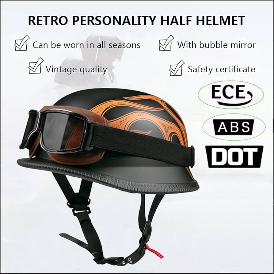 Retro German Leather Motorcycle Half Helmet DOT Approved Adult Men Women Open Face Helmet, With Mask Goggles, For Cruiser Scooter Moped Chopper Jet Helmet (A,Medium