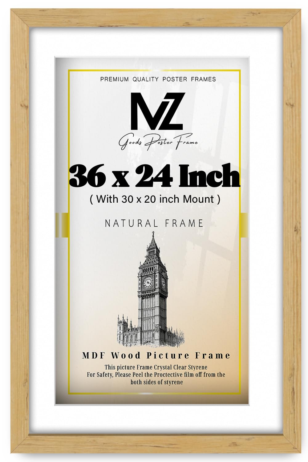 MZ GOODS | MDF Artistic Wall Hanging Frame (91.44 x 60.96 cm) with 76.20 x 50.80 cm White Mount Engineered Wood | 36x24 Inch Certificate, Diploma, Modern Décor Frame [ Pine ]