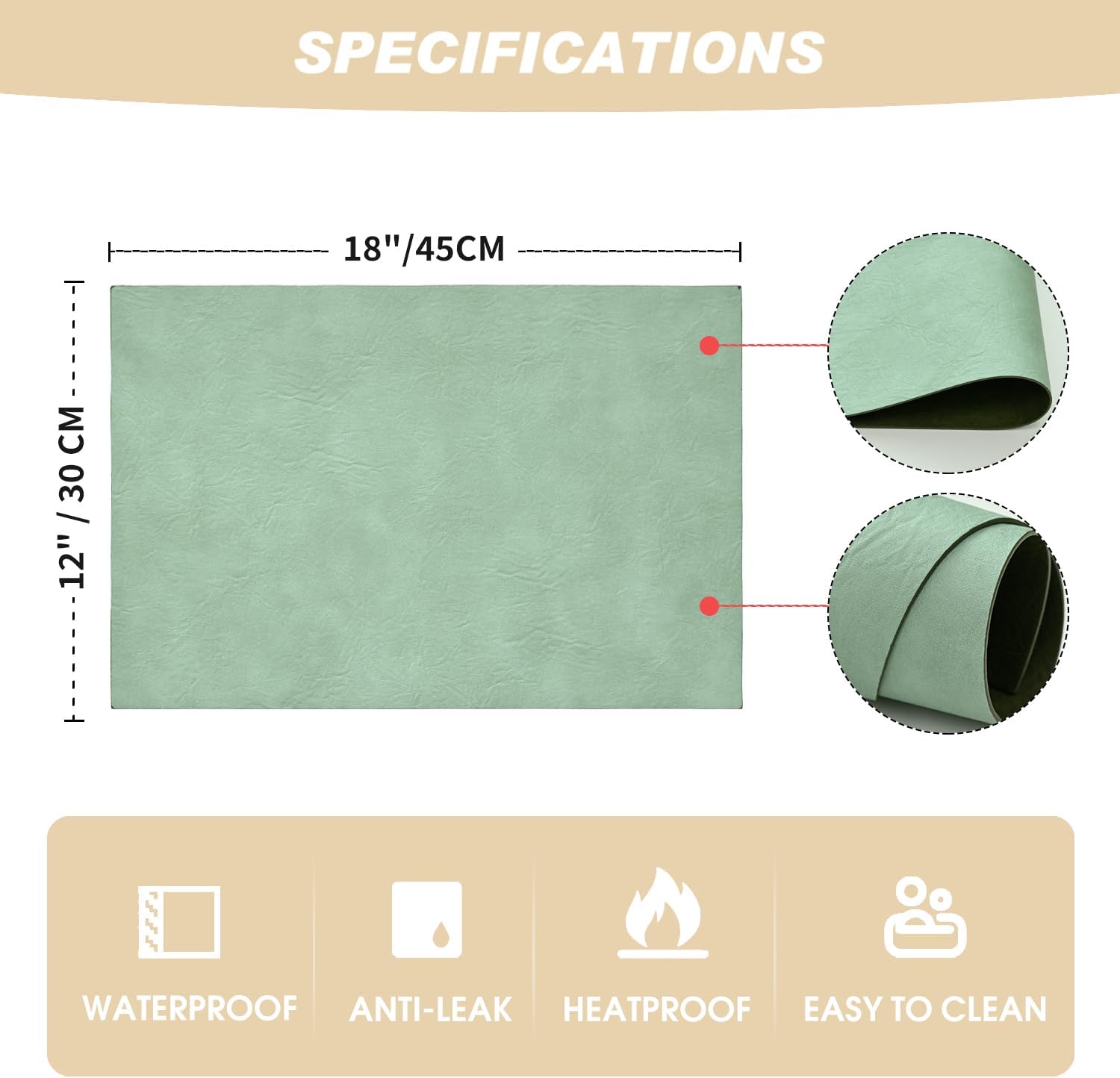 Artoid Mode Sage Faux Leather Placemats Set of 6, 12x18 Inch Waterproof Wipeable Heat Resistant Vinyl Place Mats, Reversible Table Mats for Spring Kitchen Dining Decor