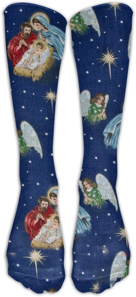 Religious Nativity Scene On Blue Knee High Graduated Compression Socks For Women And Men - Best Medical, Nursing, Travel & Flight Socks - Running & Fitness