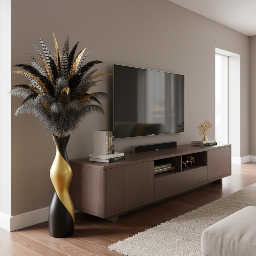 Tall Floor Vase - Matte Black & Gold Tall Decorative Vase, 24 Inch Modern Vase for Pampas Grass, Feathers, Dried Flowers, Home Decor Centerpiece for Living Room, Entryway, Bedroom - Floor Resin