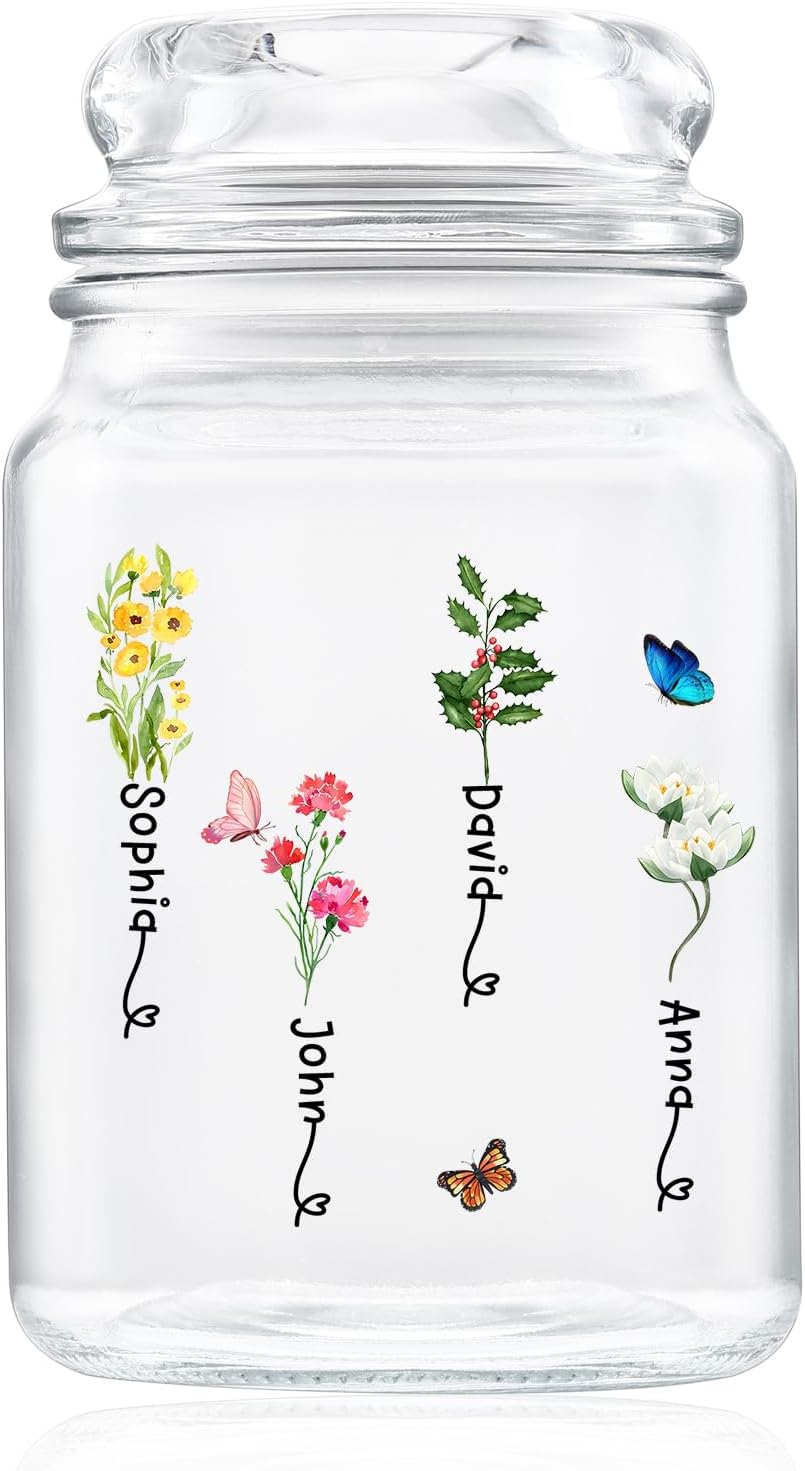 Personalized Glass Jar with Lid: Customized Airtight Storage Container with Flower & 2-6 Name - Ideal Organization for Food,Cookie,Candy,Sugar,Coffee,Flour