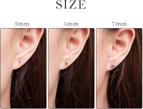 Miniatura 5 de PROSILVER 925 Sterling Silver Ball Stud Earrings, Hypoallergenic for Sensitive Ears, Womens Flat Back Studs, 3mm4mm5mm7mm, Come with Box