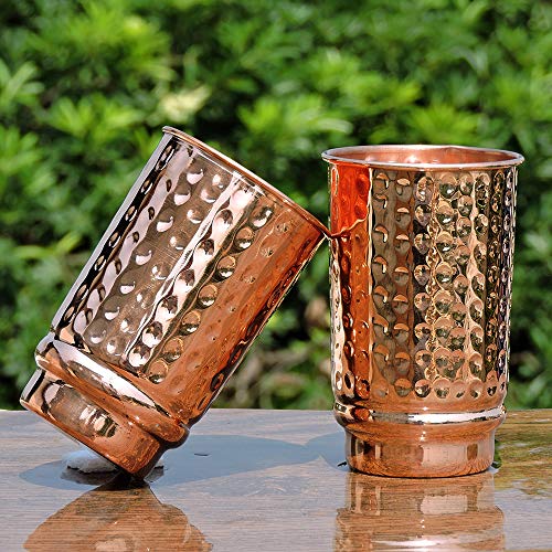 Hammered Pure Copper Tumblers Set Of 2, Unlined, Uncoated And Lacquer Free | 350 Ml. (11.8 Us Fl Oz) Traveller's Copper Cups For Ayurveda Health Benefits #TOP6
