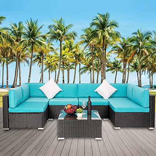 Vagowin 7 Piece Patio Furniture Sets, Outdoor Sectional Set, Outside Seating Patio Rattan Conversation Sofa with Cushions and Coffee Table for Deck Garden Poolside, Blue