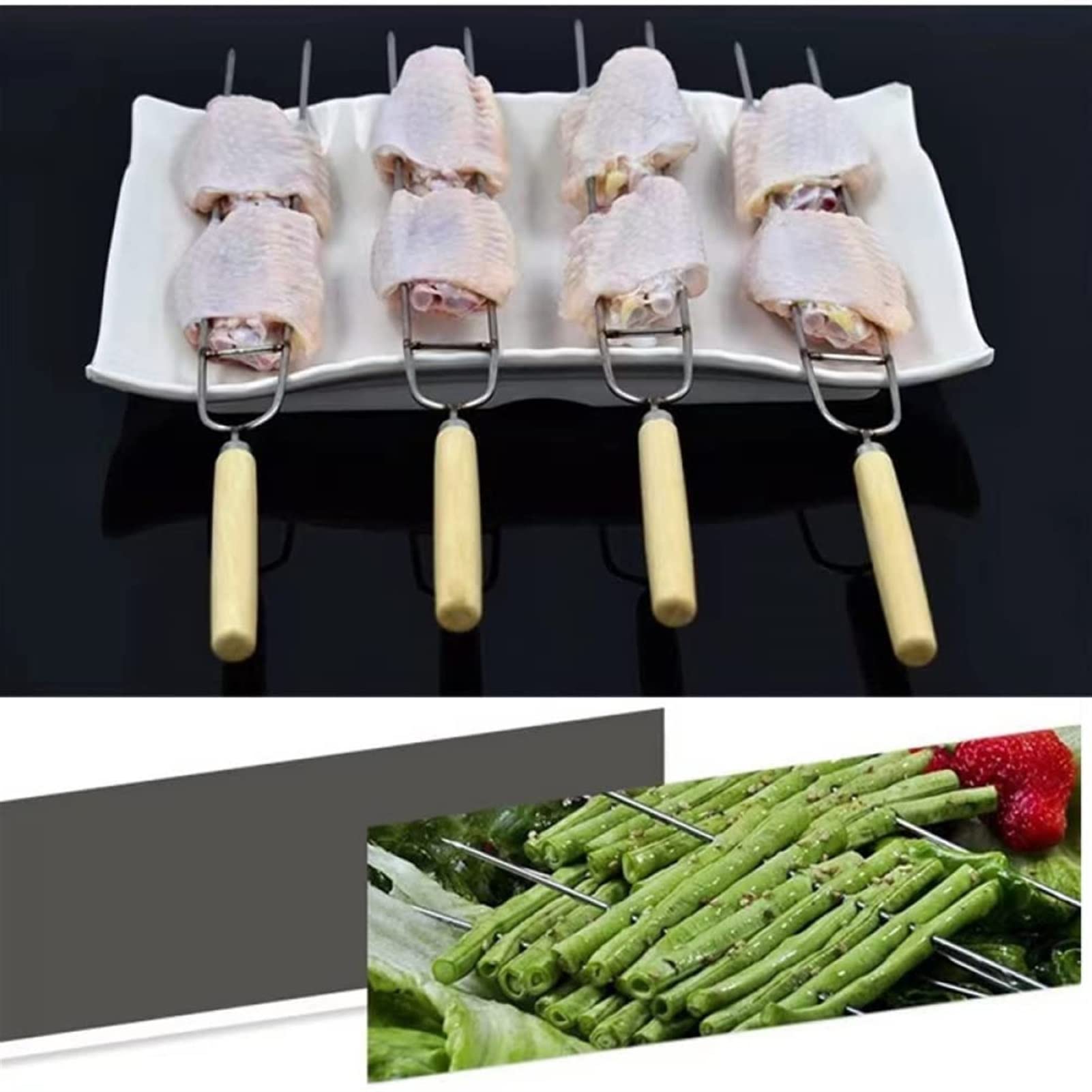 Pincho de acero inoxidable con forma de U para barbacoa, alitas de pollo, tenedor, brocheta de cordero, señal de acero, mango de madera, herramienta de aguja para asar, pinchos de barbacoa de