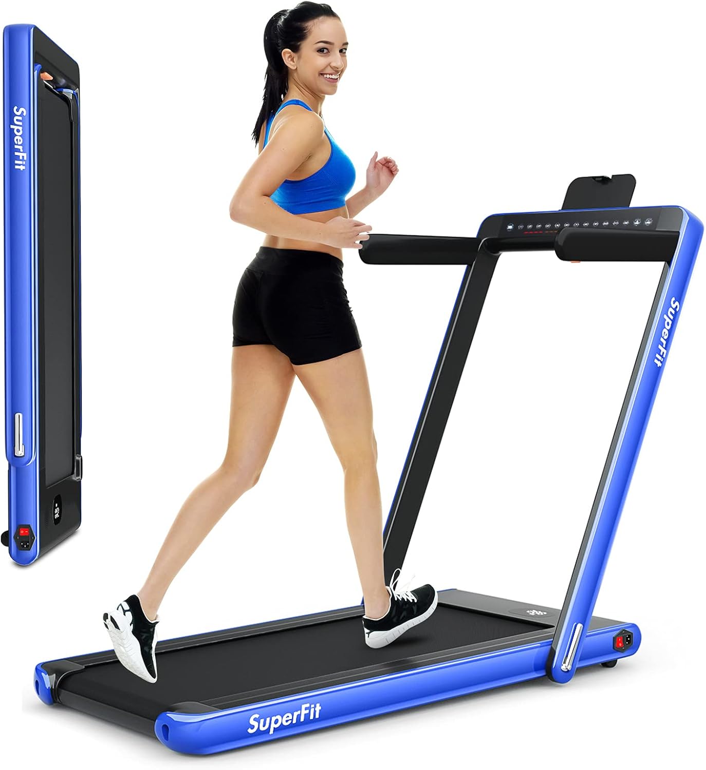 Caminadora Eléctrica Plegable 2 en 1 con Pantalla Dual y Control Remoto, Azul Brillante