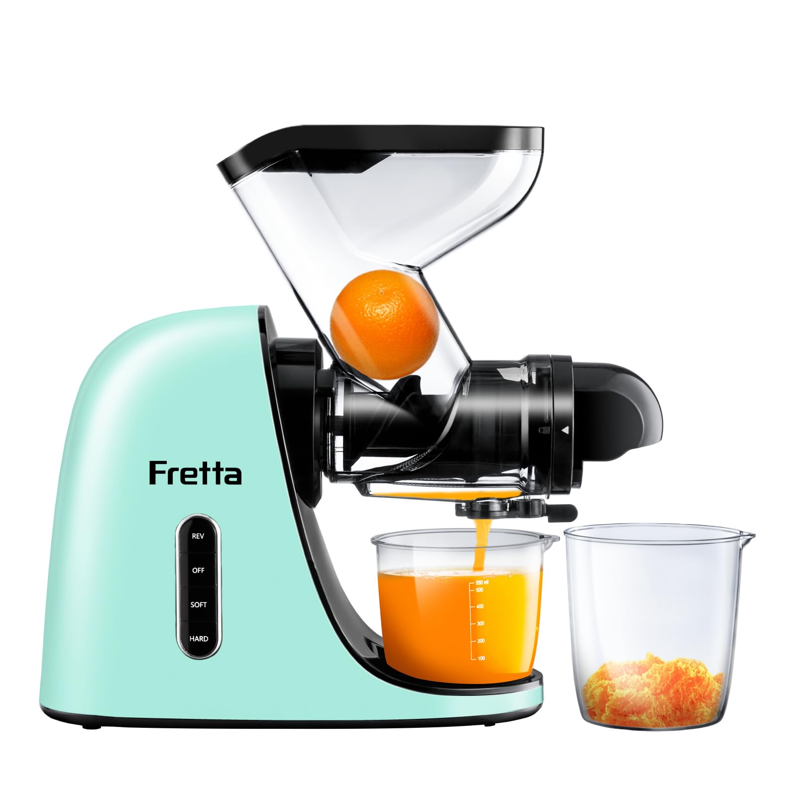 Fretta Sokowirówka - Wyciskarka wolnoobrotowa - Bardzo duży otwór - Łatwe i szybkie czyszczenie - Niskoszumowa - 200W - Wyciskarka soków do owoców i warzyw (Light Blue)