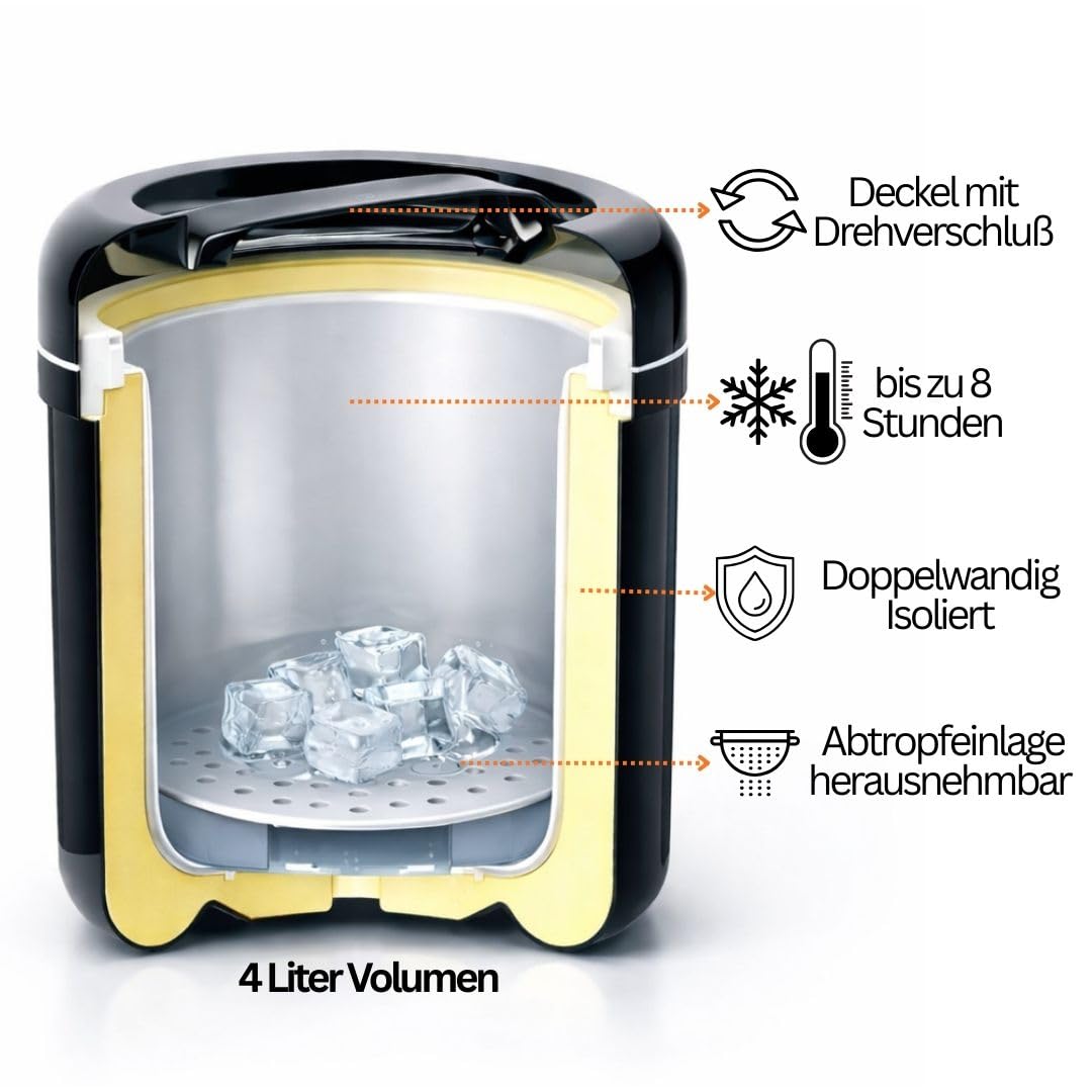 Eiswürfelbehälter 4 Liter mit Deckel – Doppelwandiger Eiskübel Schwarz inkl. gelochtem Einsatz – Isolierte 4 Liter Eisbox für Bar & Party – Robuster Ice Bucket & Eiskühler