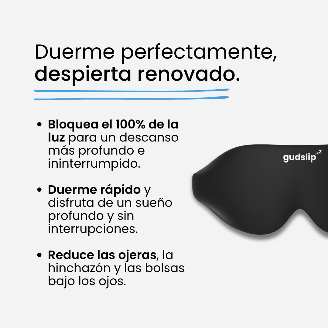 GudSlip® Antifaz para Dormir – Bloqueo Total de Luz, Diseño 3D Ergonómico sin Presión – Material Ultra Suave y Transpirable – Correa Ajustable – Ideal Viaje, Avión y Casa