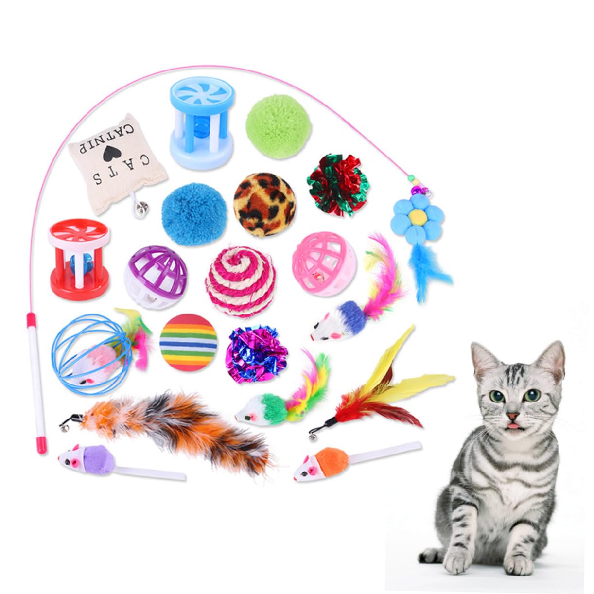 Kisangel 60pièces Set Jouets Interactifs pour Chats avec Clochettes Balles à Teaser Et Accessoires Amusants pour Chats Actifs