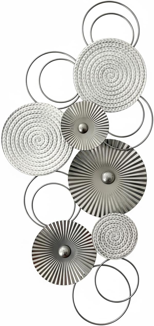 MF - Cuadro decorativo en 3D de metal con círculos (83 x 38 cm), diseño de círculos, multicolor plateado y blanco