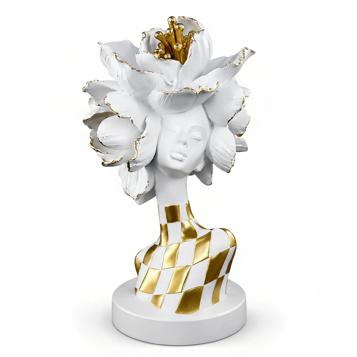 Lescafita White and Gold African Lady Sculpture – Elegant Resin Figurine with Floral Crown, Modern African Art Decor for Living Room, Cultural Gift for Women