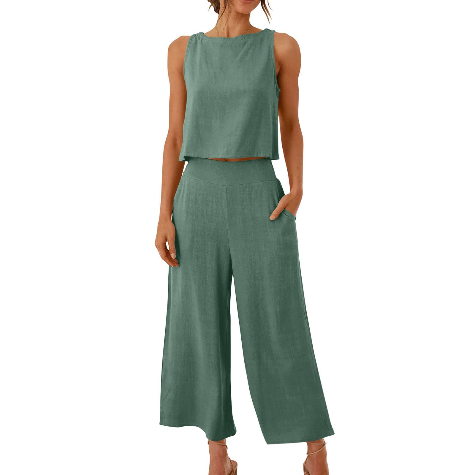 FZKun Conjunto De Lino Para Mujeres - Conjuntos De Verano A Juego Con Crop Top Y Pantalón Tank Top Conjunto Ancho Con Bolsillos Chándal Para Vacaciones En La Playa