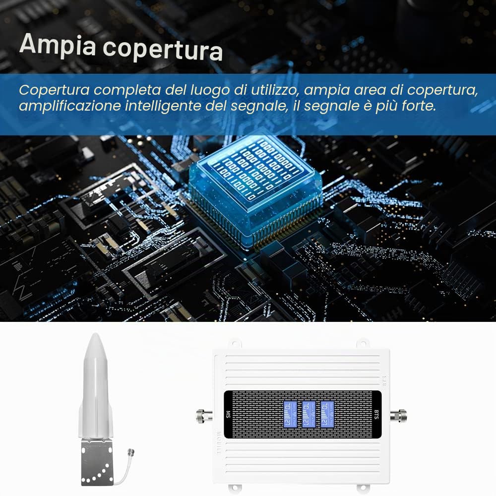 Weytoll Amplificatore Segnale Cellulare 4G 3G 2G LTE (8900/1800/2100), Amplificatore di segnale a banda trifrequenza 70dB alti guadagni
