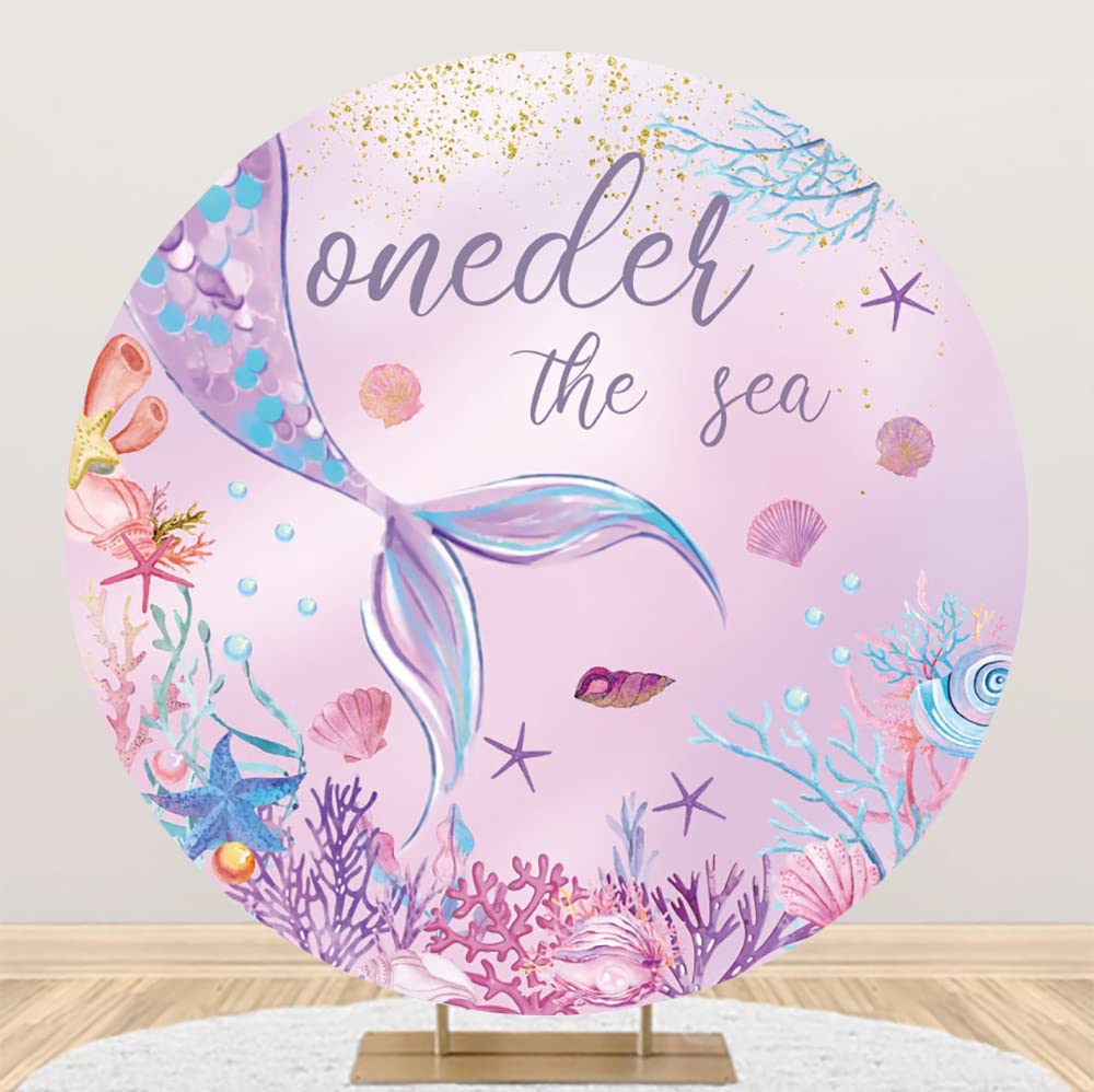 Laeacco 7.5x7.5ft Oneder The Sea Mermaid 1st Birthday Purple Round Backdrop for Girls Underwater Mermaid Tale Scales Sea Grass Corals Photography