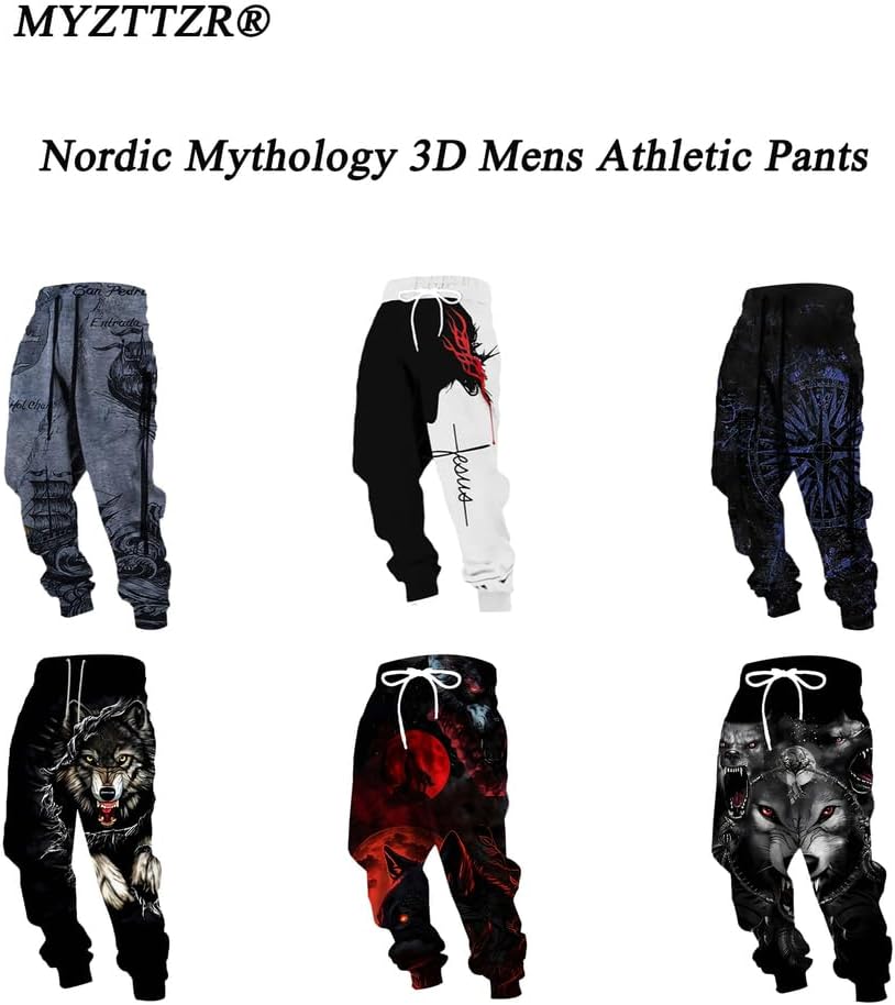 Viking 3D Men's Sports Pants Nordic Mythology Tattoo Fenrir Wolf Skull Valhalla Medieval Gift