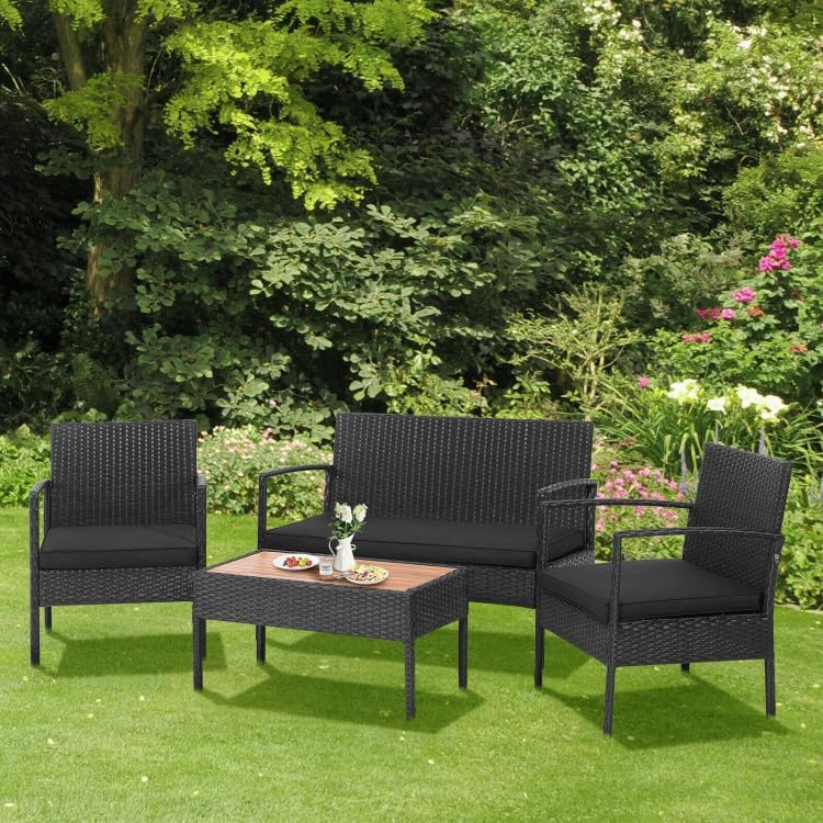 Image of PRATHAM India Outdoor Indoor 4-Piece Patio Furniture Sofa Set Conversation Set Waterproof with Washable Soft Cushion and Center Table Wicker for Balcony and Gardens