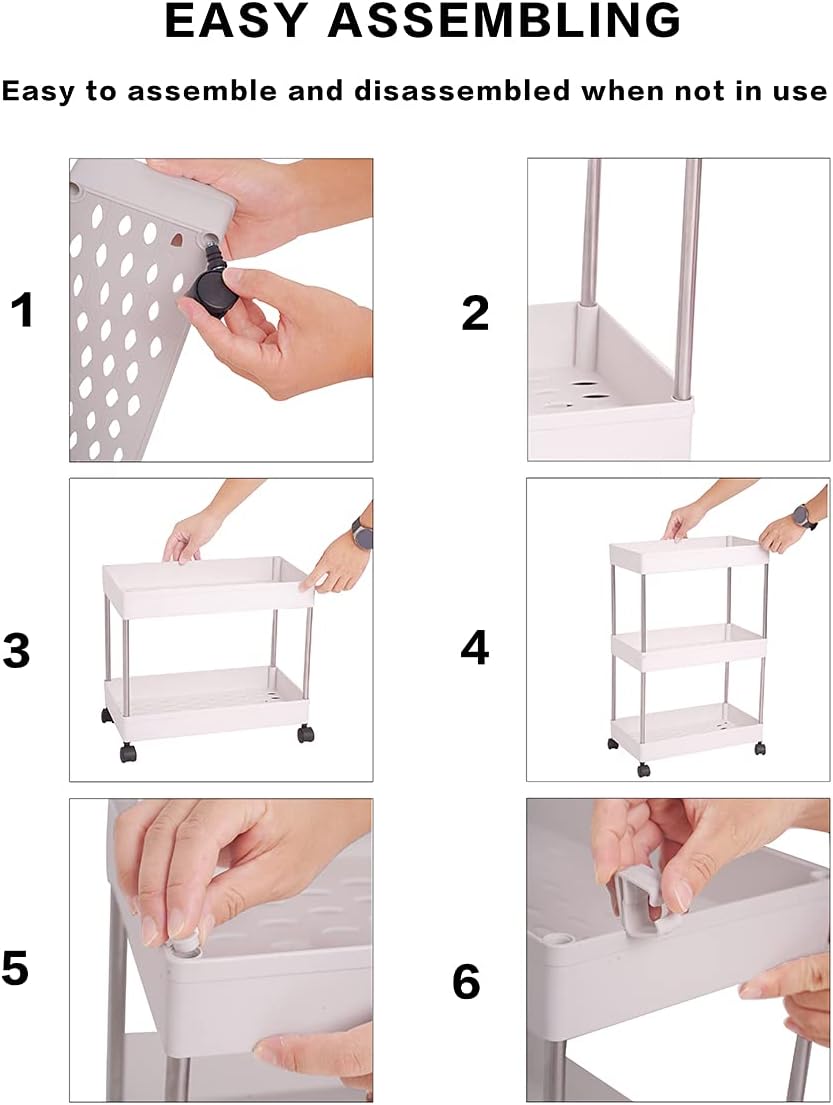 3-Tier Storage Cart Rolling Utility Cart Storage Shelf Rack Mobile Storage Organizer Shelving for Office, Kitchen, Bedroom, Bathroom, Laundry Room & Dressers, Plastic & Stainless Steel,White