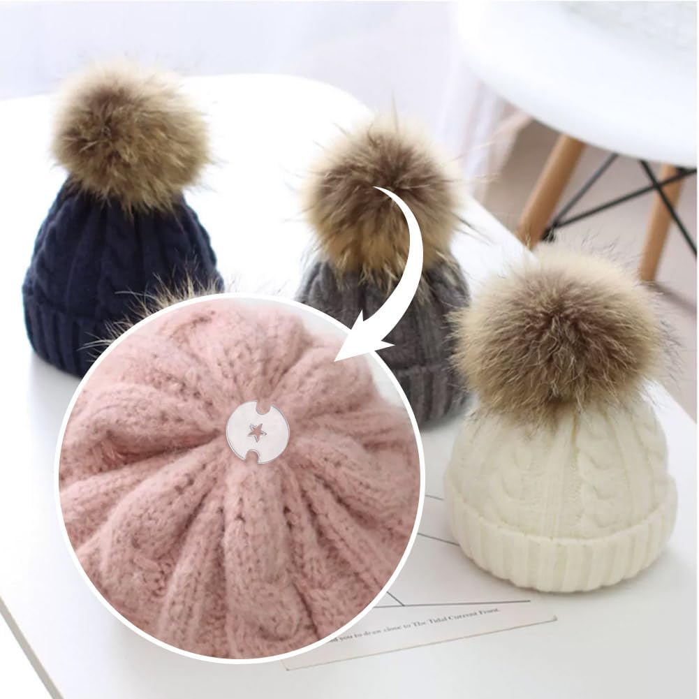 AHANDMAKER 60Pcs Acrylic Pom Poms Buttons for Hats, 3 Shapes Knitted Hat Making Fastener Tool, Removable Holder for Knit Beanies and Toques