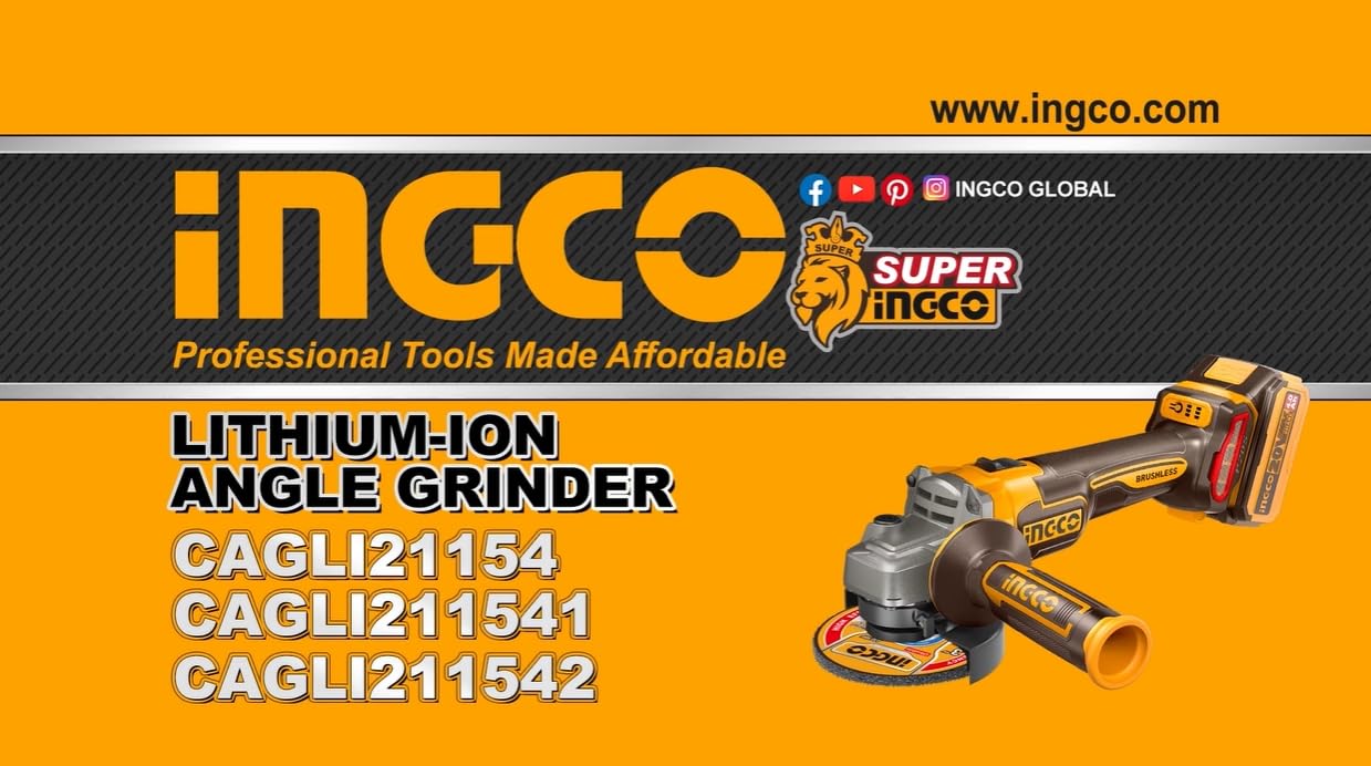 Ingco Cagli21154 Smerigliatrice Angolare a Batteria 115 mm 20 v 3 Velocità Motore Brushless Solo Corpo