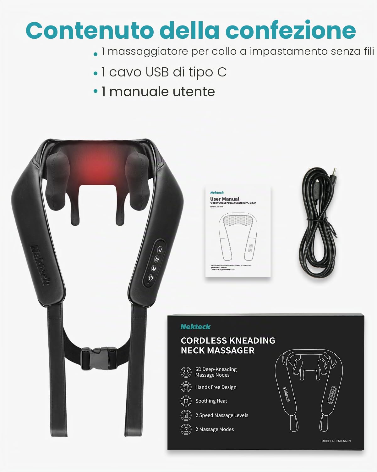 Nekteck Massaggiatore Cervicale e Spalle Senza Fili, 6D Shiatsu con Funzione Riscaldante, Allevia il Dolore ai Tessuti Profondi, per Casa e Ufficio, per Uomini e Donne
