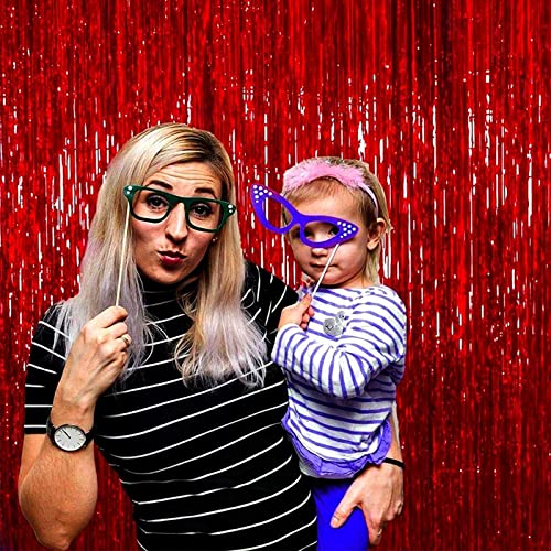 Image of 4 Pack Red Foil Fringe Curtain Backdrop, 3.28Ft x 8.2Ft Metallic Tinsel Foil Fringe Streamer for Party, Photo Booth Props, Birthday, 2022 Mother's Day Decoration Party Supplies