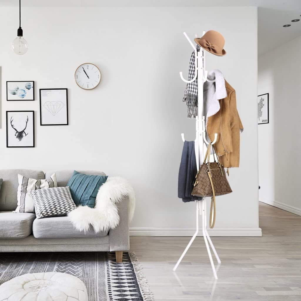 Lukzer 8 Hook Durable Clothes Hanger Rack for Home, Bedroom, Living Room Display Metal Garment Stand for Hanging Coat, Jacket, Scarf Rack, Umbrella Tree Stand (White) (170 CM X 42 CM)