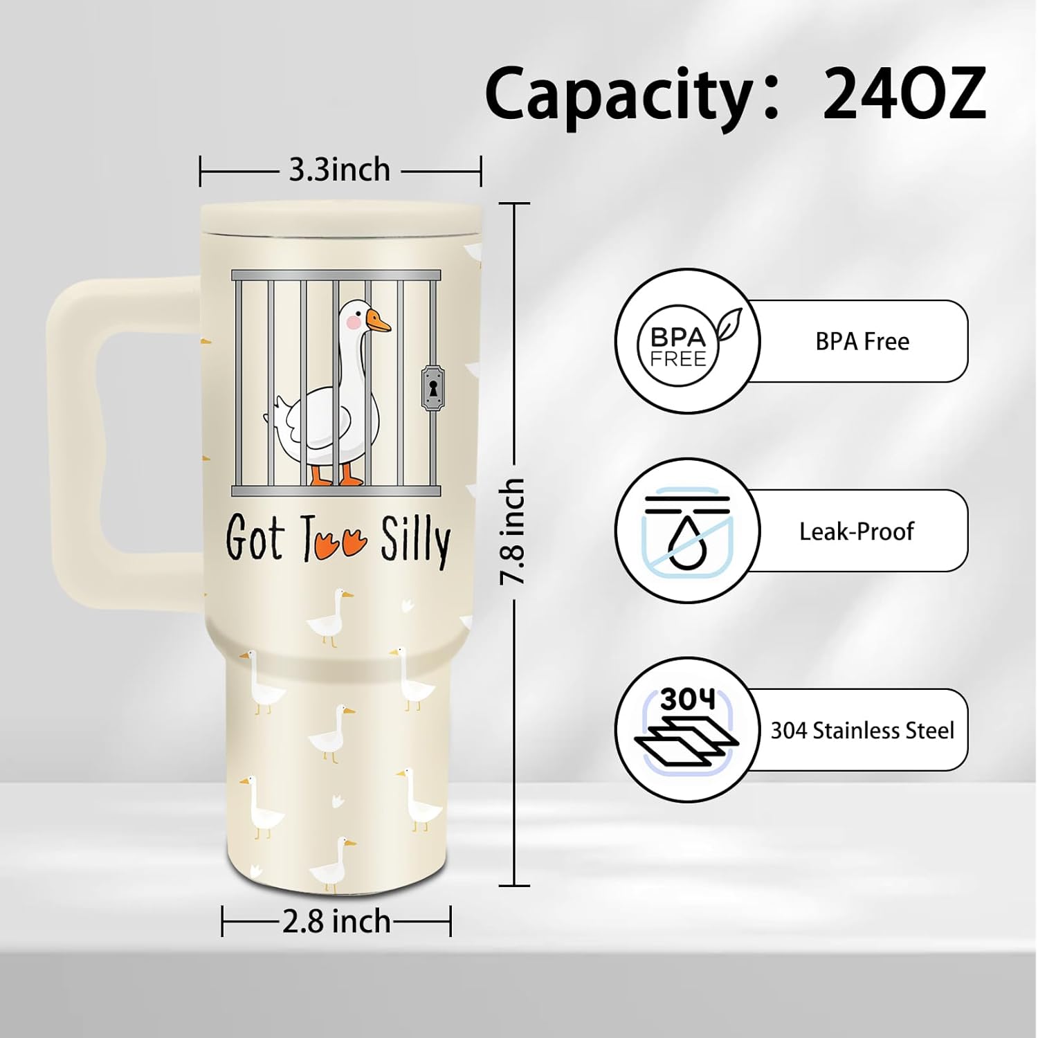 Goose Gifts - 24 oz Tumbler with Handle and Straw - Insulated Stainless Steel Cup, Leakproof, Funny Got Too Silly Duck Travel Mug for Women Girls, BPA Free, Fits Car Cup Holders, Keeps Drinks Cold/Hot - Image 2