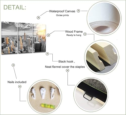 Miniatura 6 de LevvArts Large 3 Piece New York City Canvas Wall Art Modern Black and White NYC at Gold Sunset Picture Prints Cityscape Skyline Poster Framed for