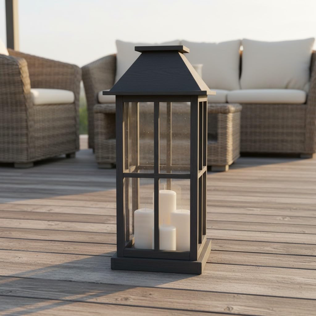 Weeco Farol grande de madera antracita con láminas de plexiglás, 74 cm de alto, 31 cm de ancho, elegante farol decorativo para velas
