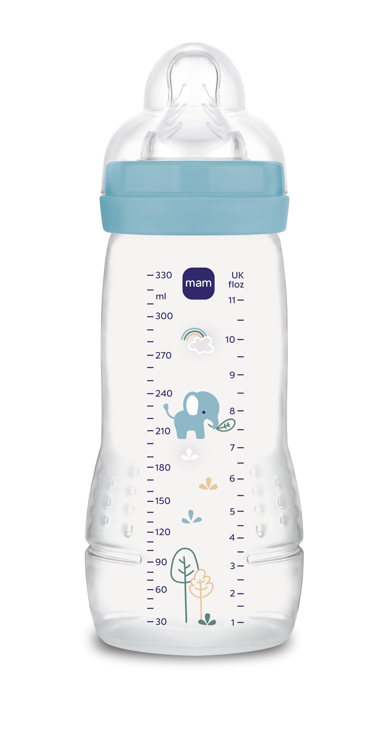 Easy Active Baby Bottle, Easy-to-Grip Ergonomic Bottle, Large Learning Bottle, MAM No. 3 Silicone Teat and Leak-Proof Lid, 4+ Months, Blue, 330 ml