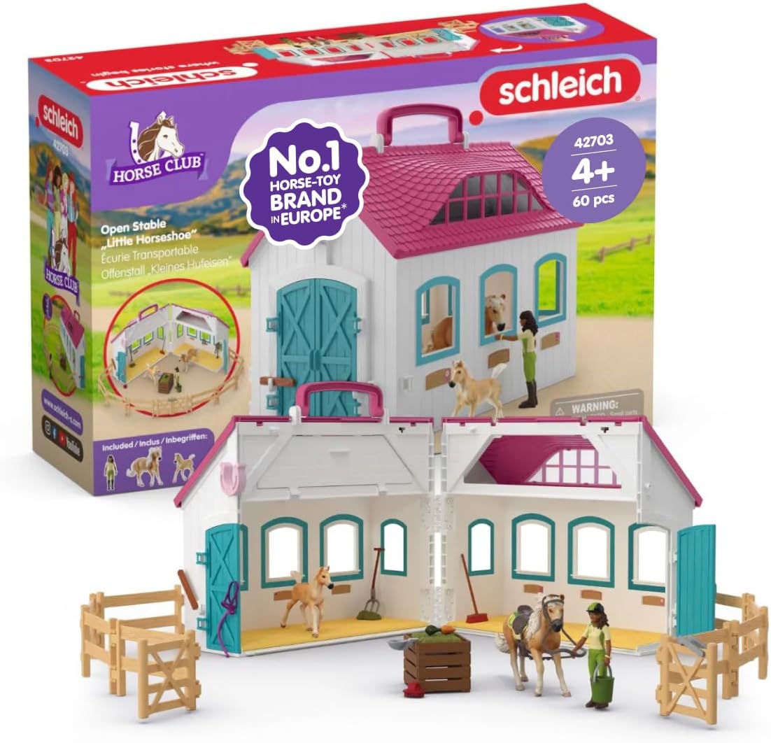 schleich horse club - 60pc little horseshoe open stable playset - easy carry set with 2 horse figurines, action figure, stable and accessories - toy horses for girls and boys - kids ages 5+ | 42703