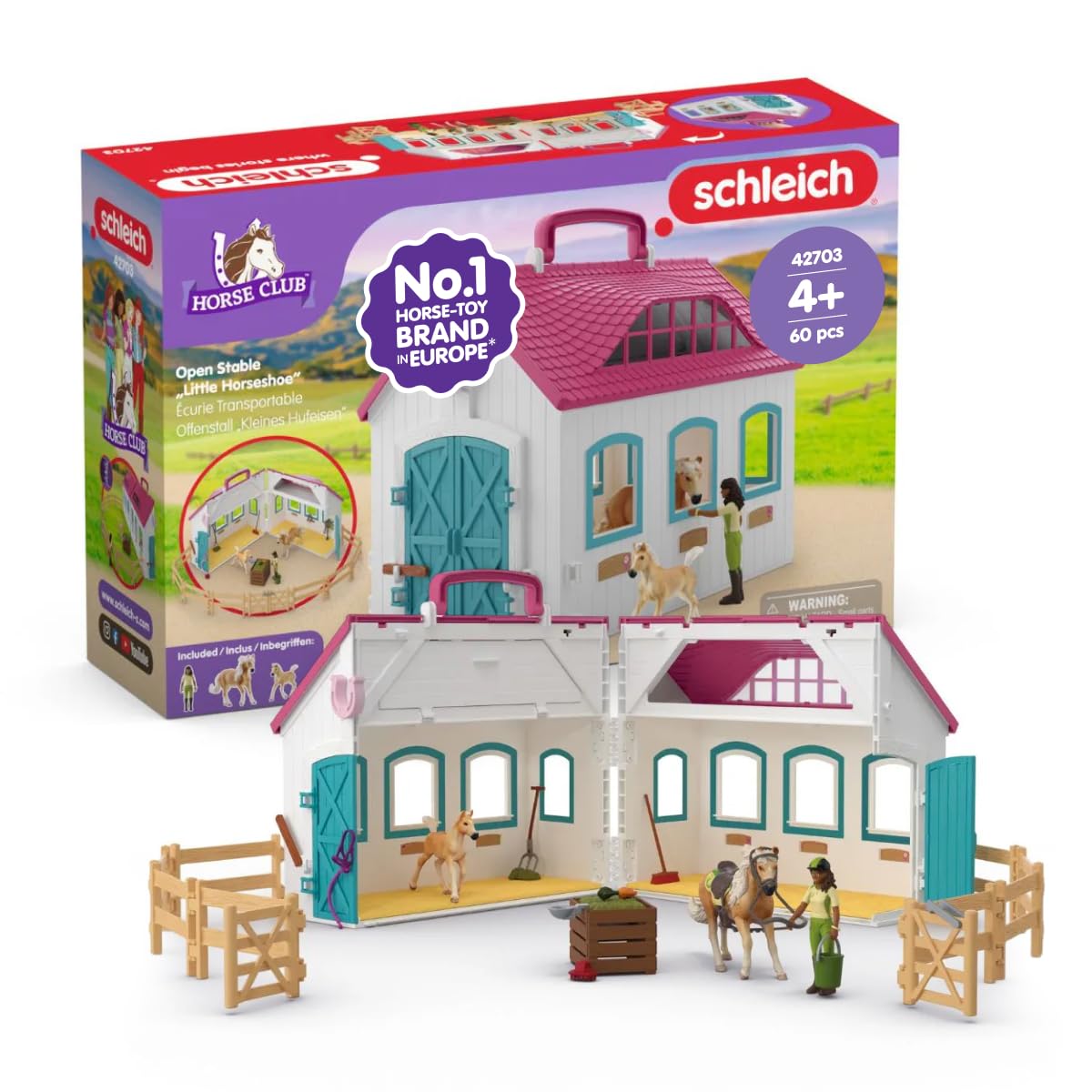 SCHLEICH Horse Club | Offenstall Kleines Hufeisen 42703 | Set inkl. Stall, 2 Pferde, bewegliche Mädchenfigur & Zubehör | tolles Geschenk für Mädchen und Jungen | Spielzeug ab 5 Jahren | 60 Teile