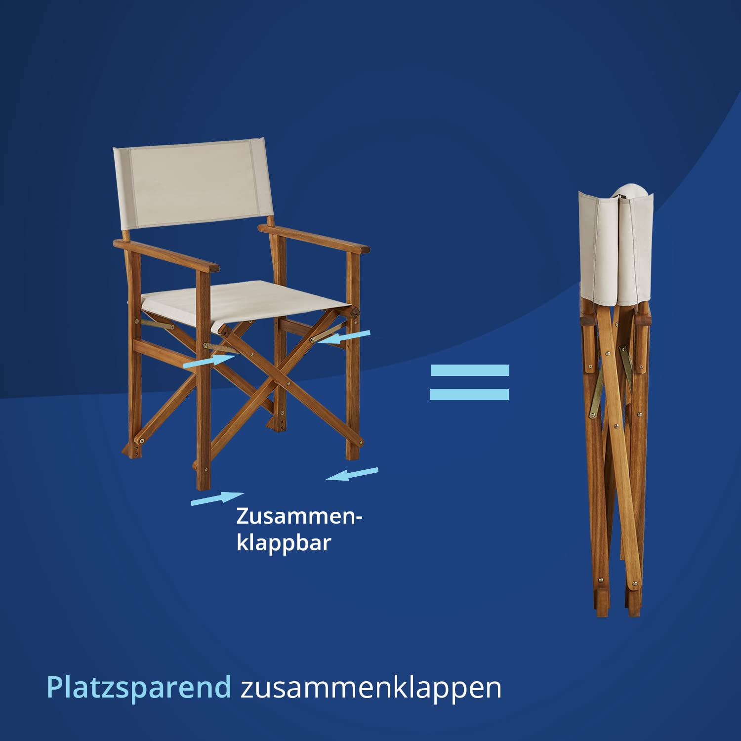 KHG Balkonstuhl 2er Set aus echtem Akazienholz geölt Regiestuhl mit Armlehnen 100% Polyesterbezug in Creme, wetterfest, platzsparend klappbar, 120kg belastbar