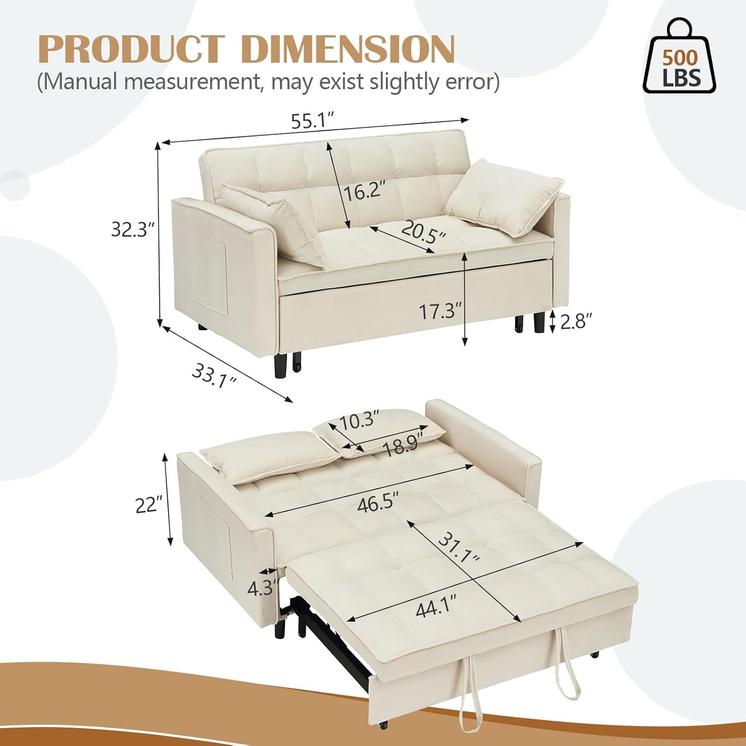 3 in 1 Convertible Sleeper Sofa Bed, Modern Velvet Loveseat Pull-Out Couch, Futon Love Seat Lounge Sofa with Pull-Out Bed & Adjustable Backrest and Side Pocket for Small Apartment, Bedroom