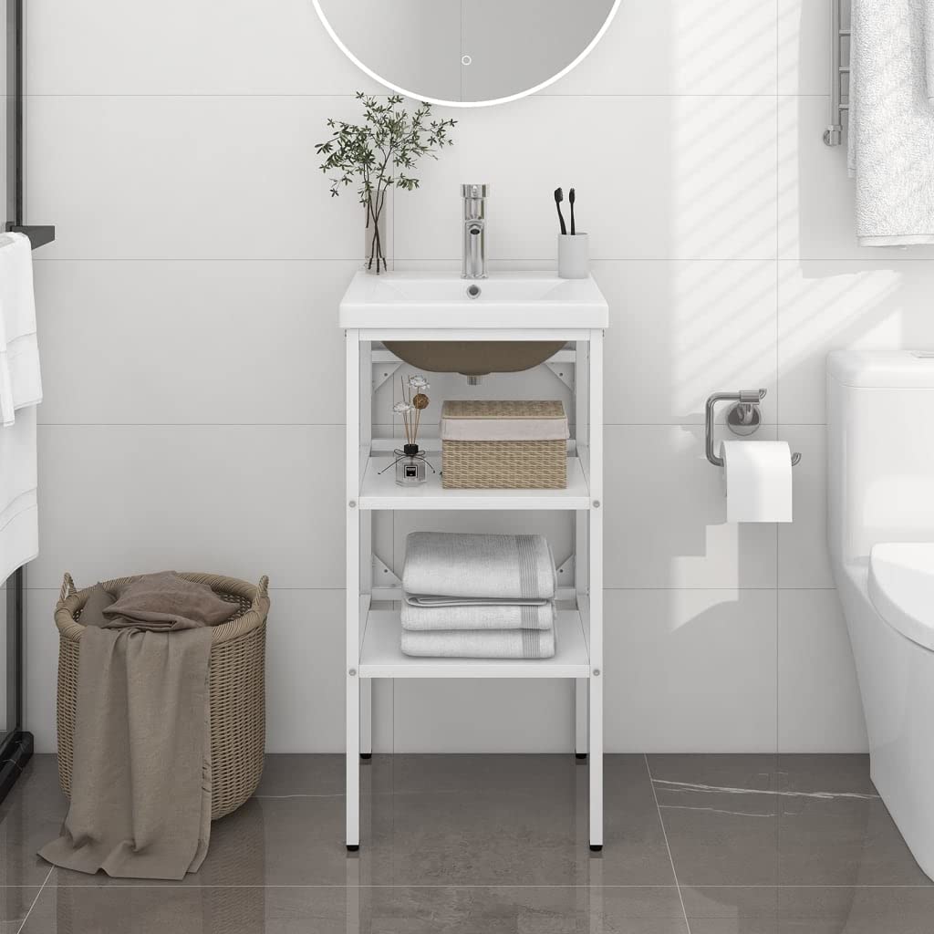 Mueble de lavabo de baño con lavabo de hierro blanco lavabo empotrado de cerámica diseño moderno marco estable con recubrimiento en polvo rebosadero superficie esmaltada