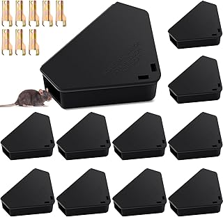 Qualirey 12 Pcs Mice Station with Key Triangle Bait Station Reusable Rodent Trap Bait Box, Keeps Children and Pets Safe Indoor & Outdoor, Bait Not Included, Suitable for Small Mice (Black)